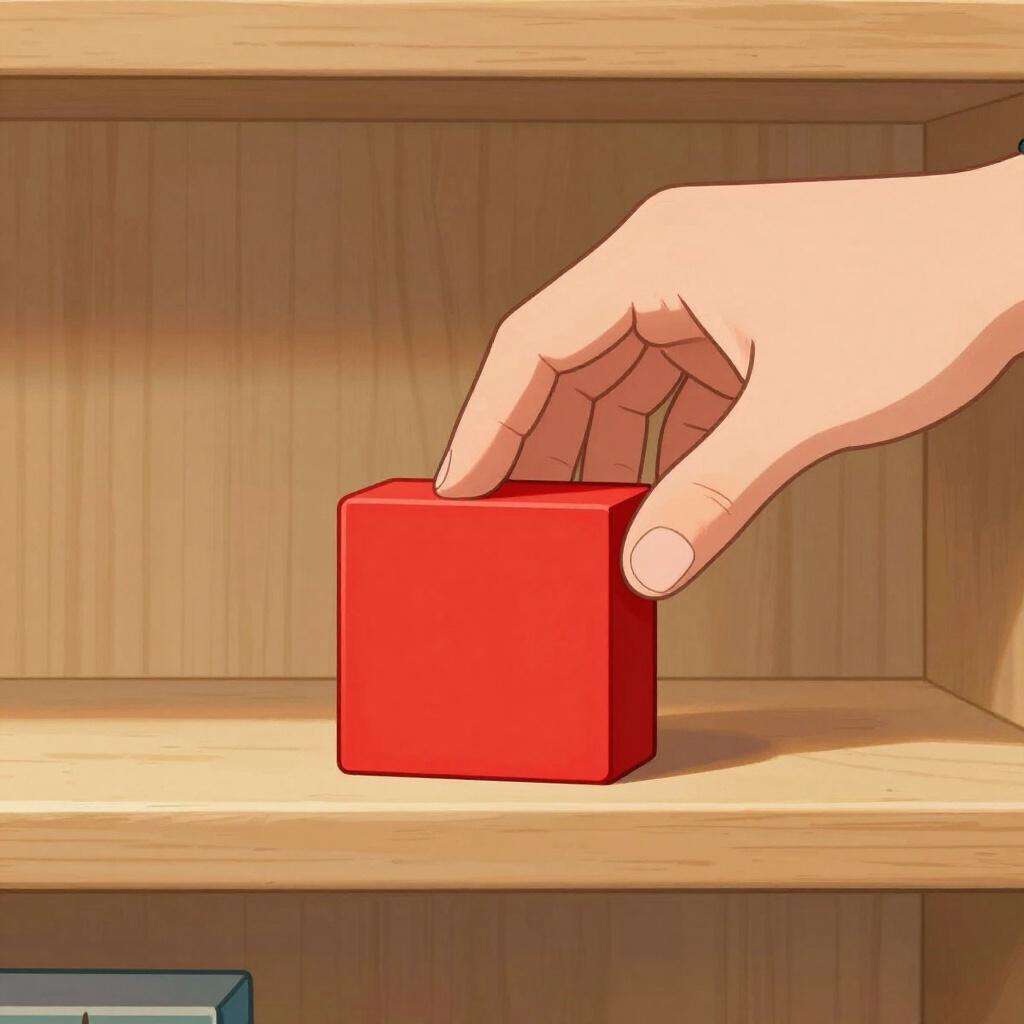 木製の棚の上に小さな赤いブロックを慎重に置いている人の手の簡単なイラスト。