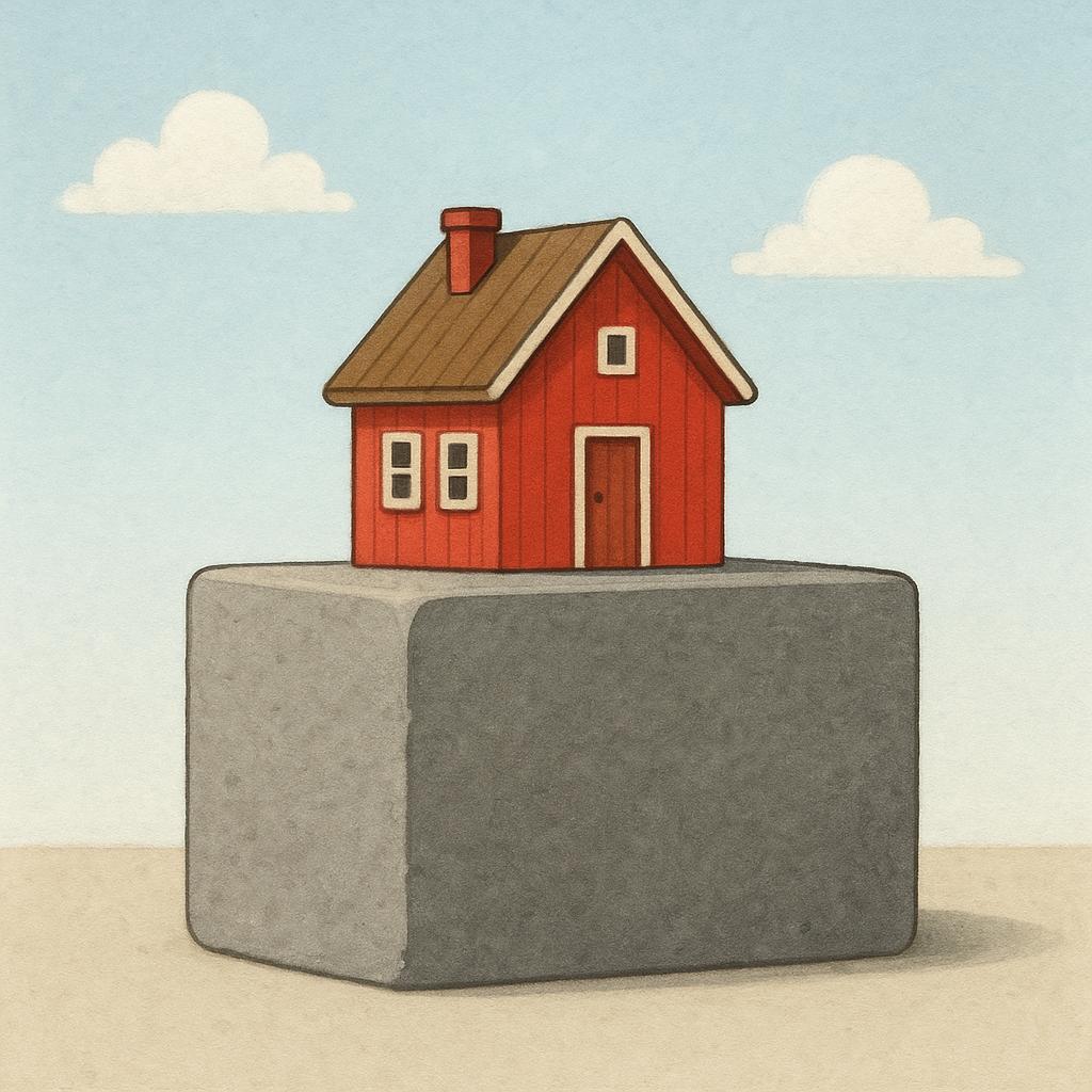 A tiny, simple red house sitting securely on a massive, solid grey stone block foundation.