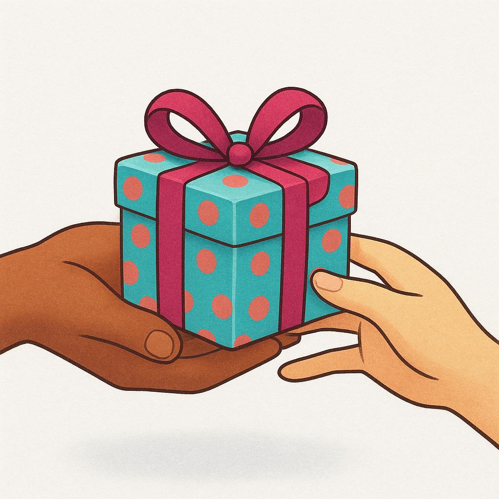A close-up illustration showing two hands. One hand is holding out a small, brightly wrapped gift box, and the other hand is reaching forward to receive it, symbolizing acceptance.