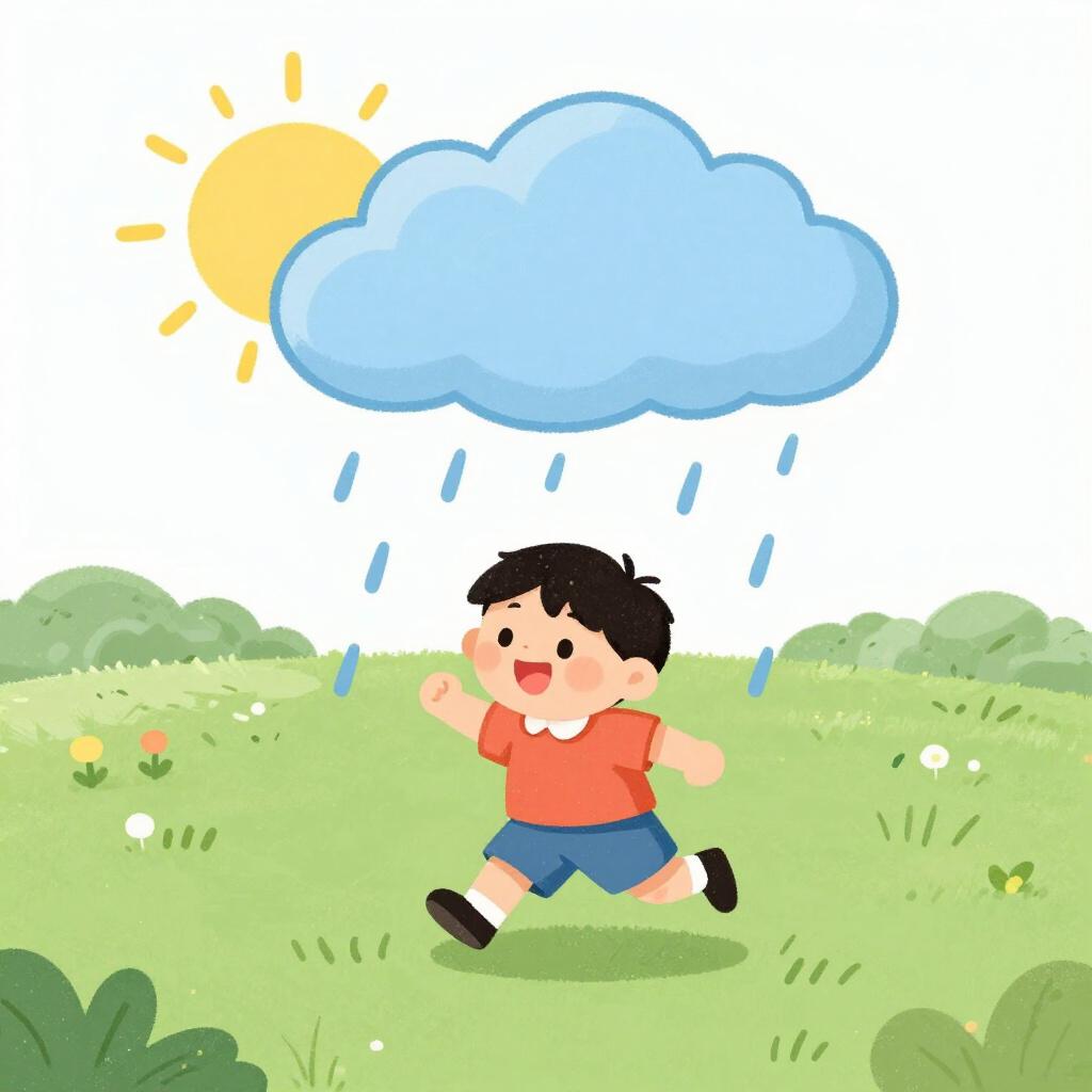 Ein Kind rennt draußen, während es regnet, was zwei gleichzeitig stattfindende Ereignisse zeigt.