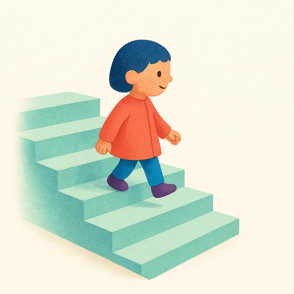 A small stick figure person is walking down a short flight of stairs.