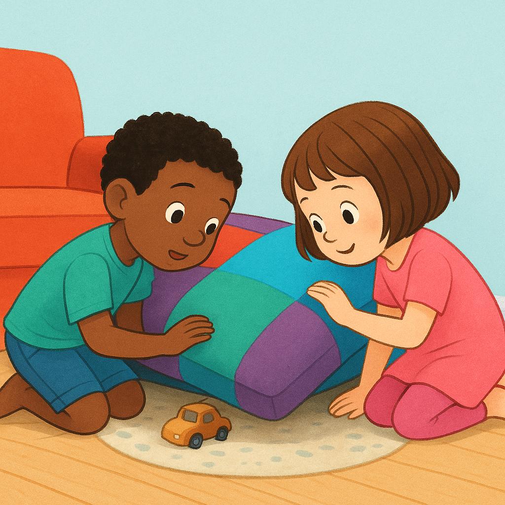 Two young children are kneeling on the floor in a brightly colored room, intently looking under a large, plush sofa cushion, searching for a hidden object.