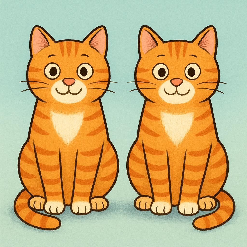 Two identical orange tabby cats sitting side-by-side, clearly illustrating that they are similar.