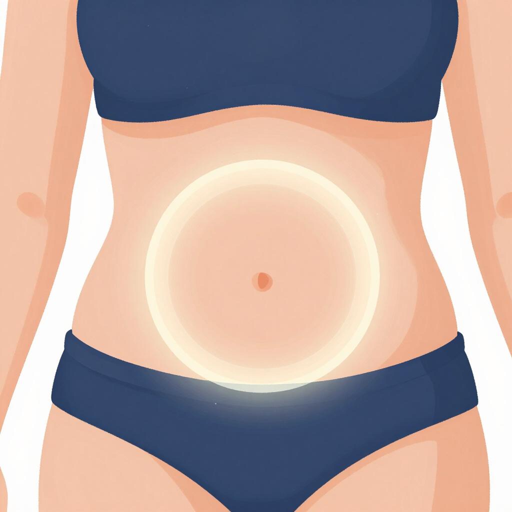 Eine einfache Zeichnung des Oberkörpers einer Person mit einem hervorgehobenen Kreis im Bauchbereich.