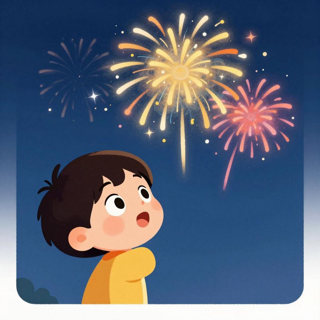 A child with wide eyes and an open mouth looking at a large, colorful fireworks display in the sky.