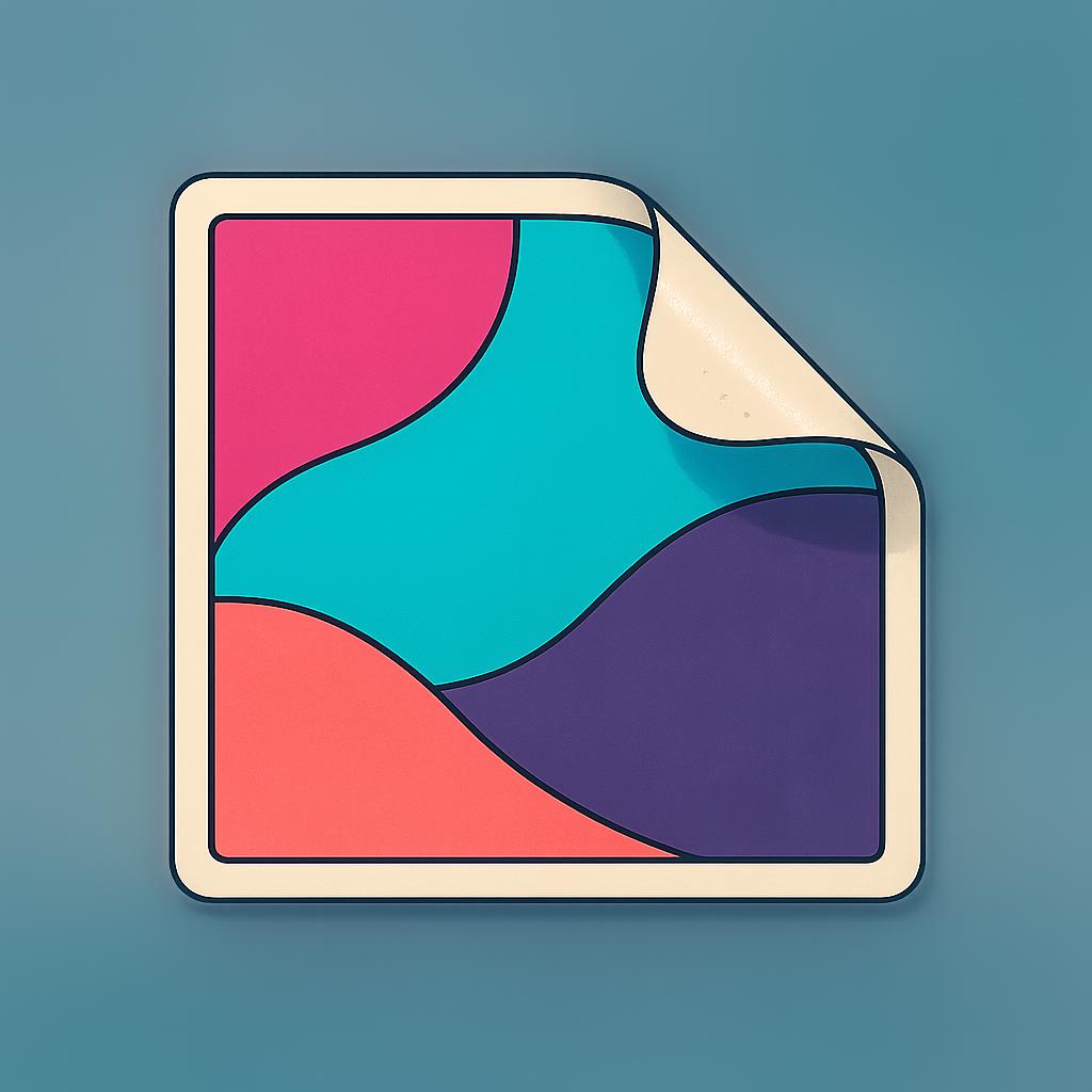 A colorful rectangular sticker is half-peeled away from a plain blue wall, showing the empty space where it used to be attached.