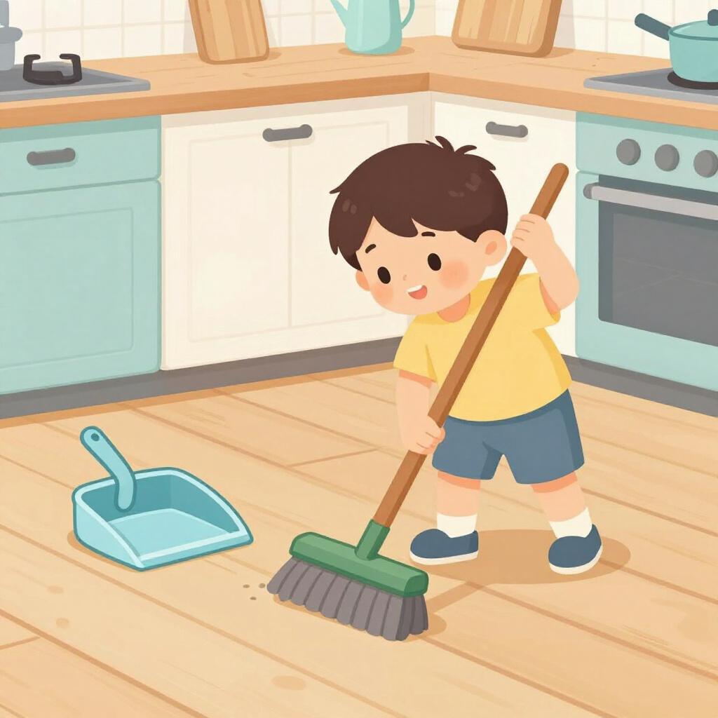 Un enfant balayant joyeusement le sol avec un petit balai dans une cuisine propre.