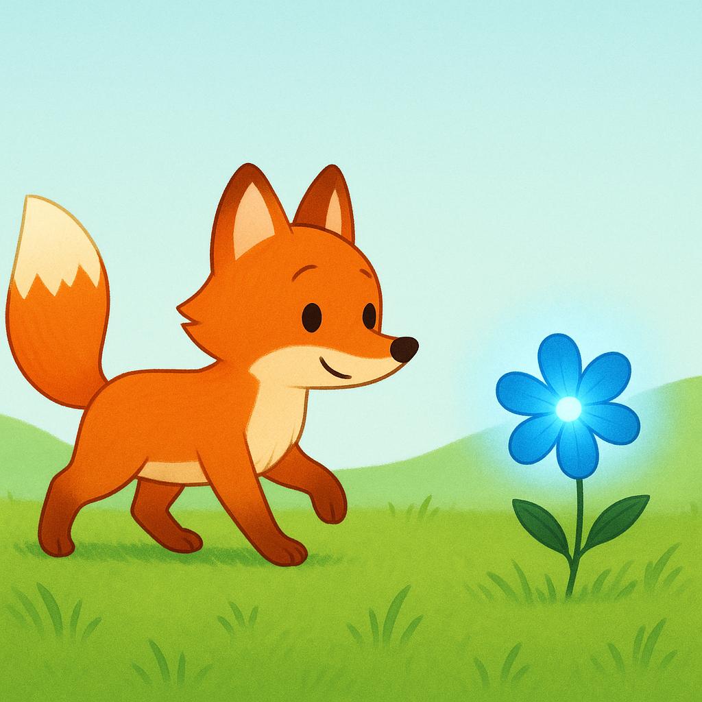 A friendly orange fox is taking a large step towards a single, brightly glowing blue flower in a green meadow. The fox is clearly moving forward.
