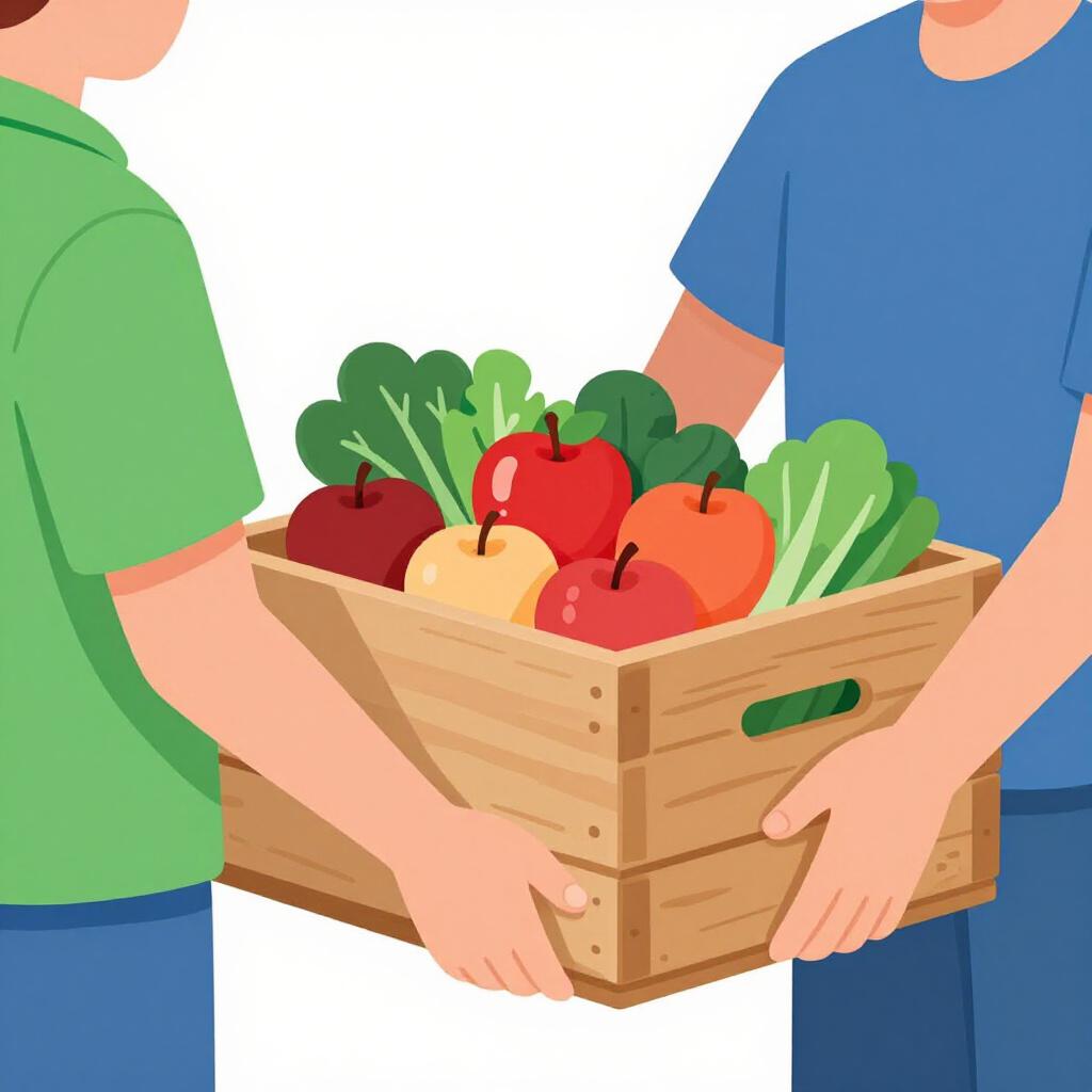 Eine freundliche Person übergibt einer anderen Person eine große Kiste mit frischen roten Äpfeln und Gemüse.