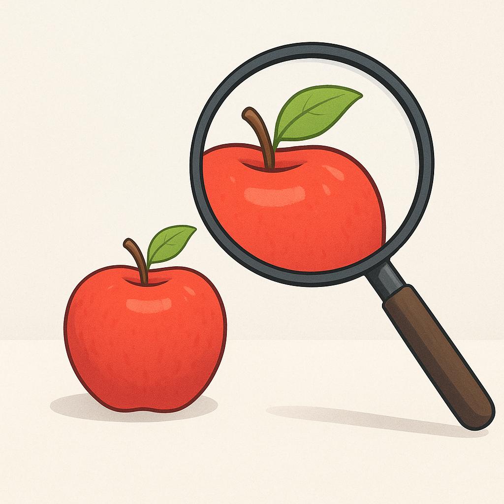 A high-quality simple colorful storybook illustration featuring a large, simple magnifying glass centered over a bright red apple, emphasizing the clarity and obviousness of the object.