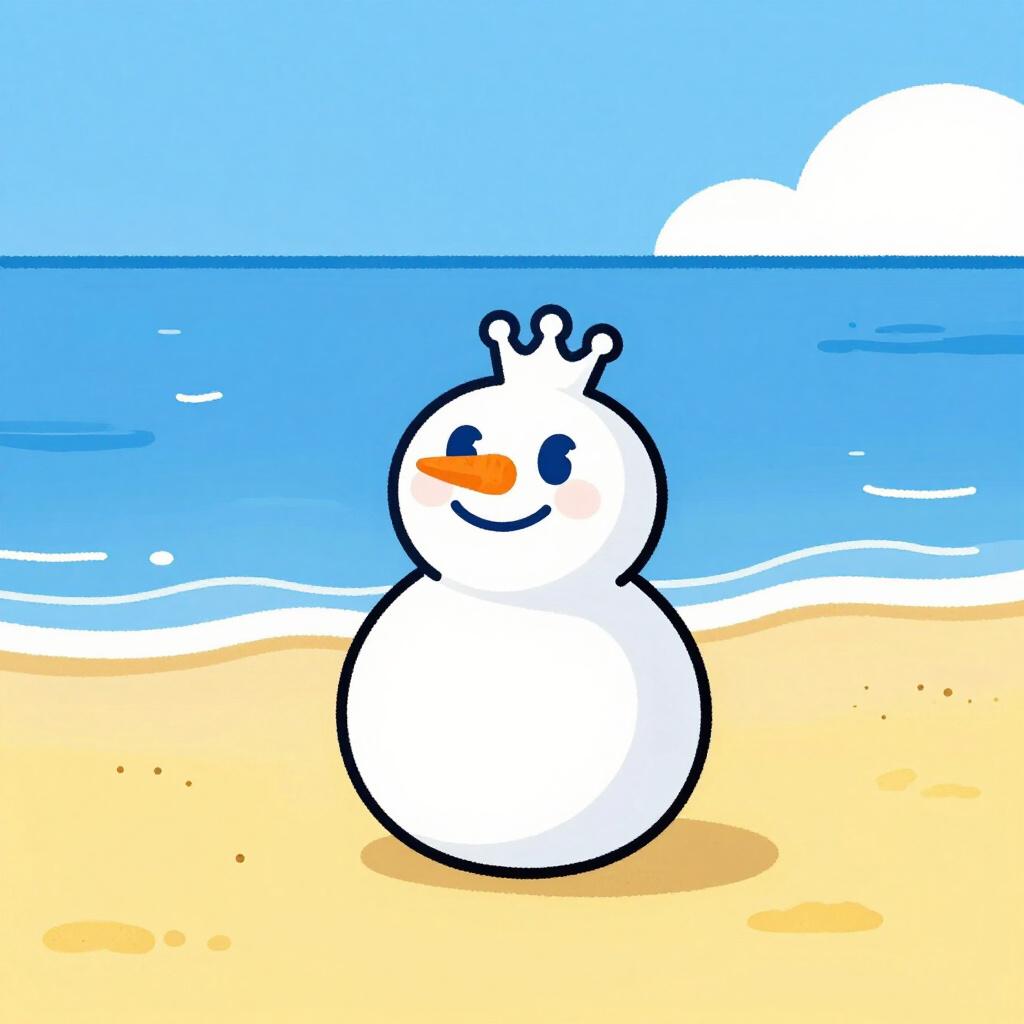 A snowman standing on a sunny tropical beach next to a palm tree.
