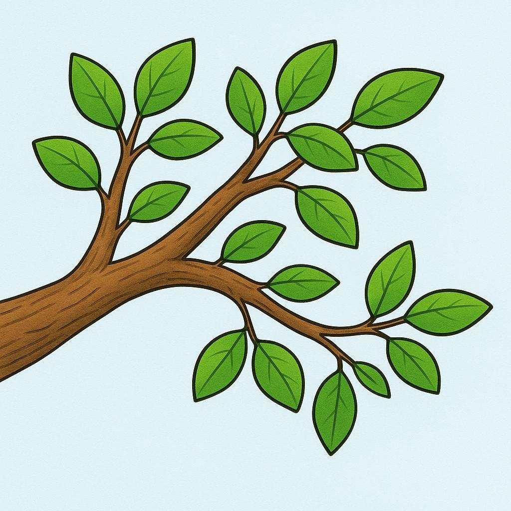 A high-quality storybook illustration of a thick brown tree branch extending horizontally, covered in simple green leaves, set against a bright background.