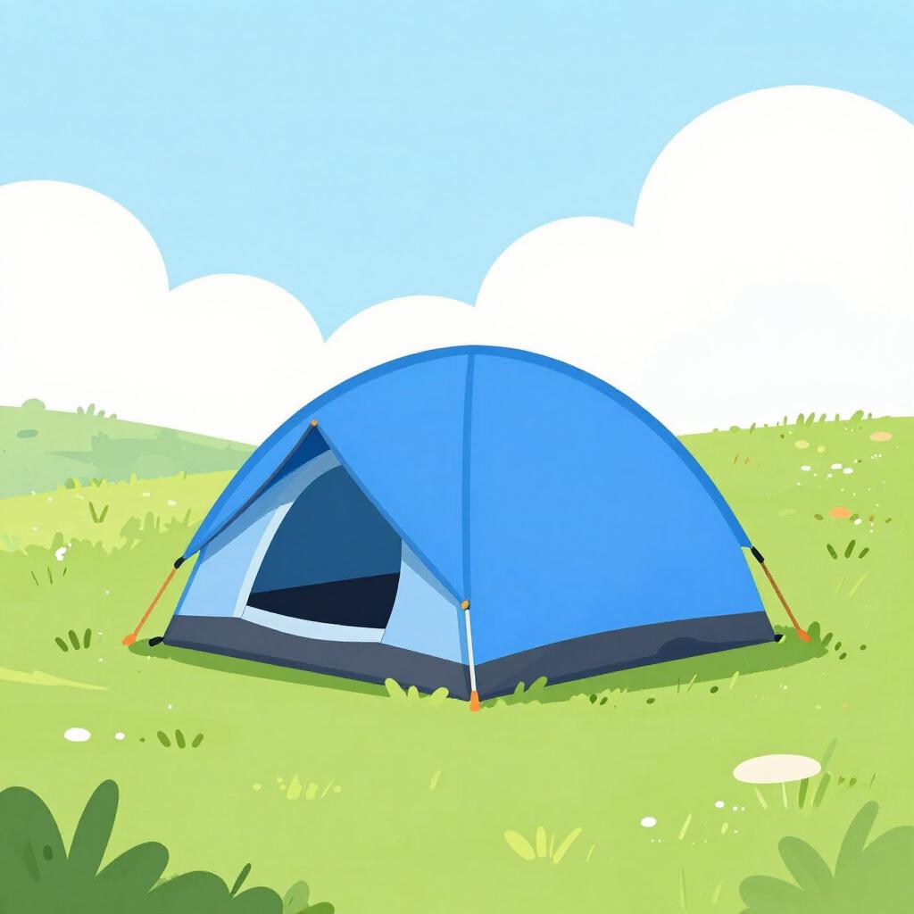 A colorful tent pitched in a green field with a few mountains in the background.