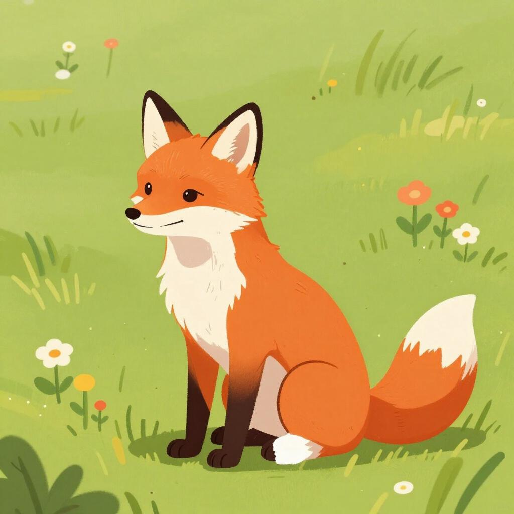 A female fox with bright orange fur sitting in a green meadow.