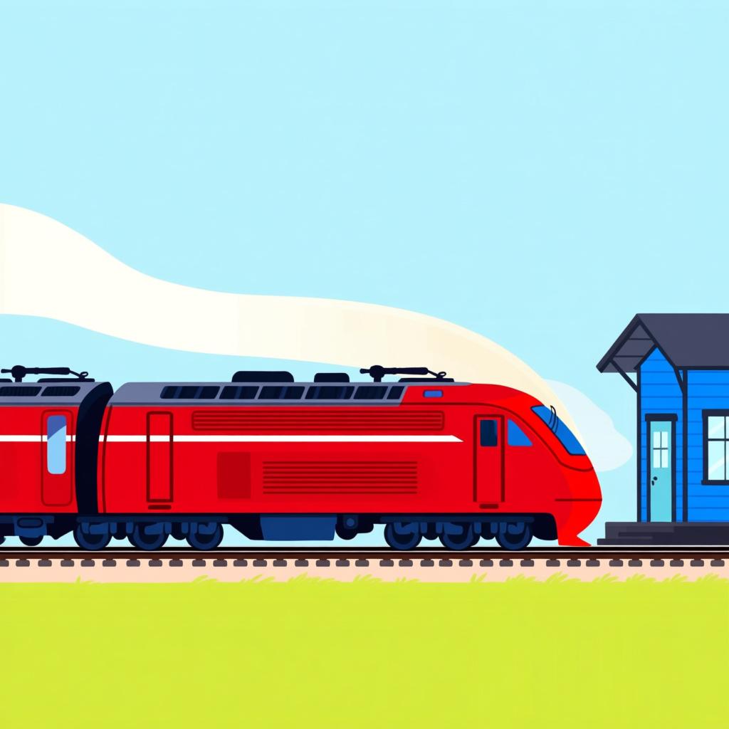 A bright red passenger train engine moving quickly past a small, stationary blue train station building.