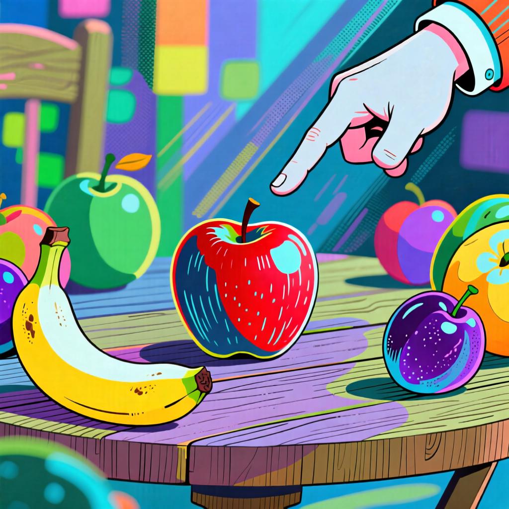 A hand selecting one specific red apple from a group of various colorful fruits.