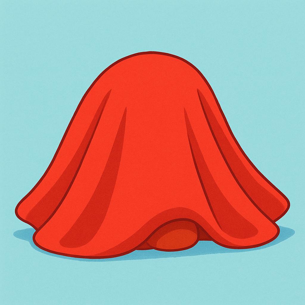 A small brown teddy bear toy is being completely concealed behind a fold of a large, bright red cloth or curtain.