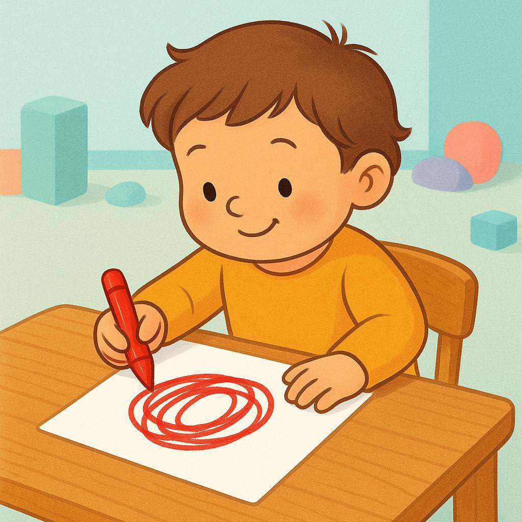A young child happily drawing with a red crayon on a sheet of white paper, demonstrating the action of using an object.