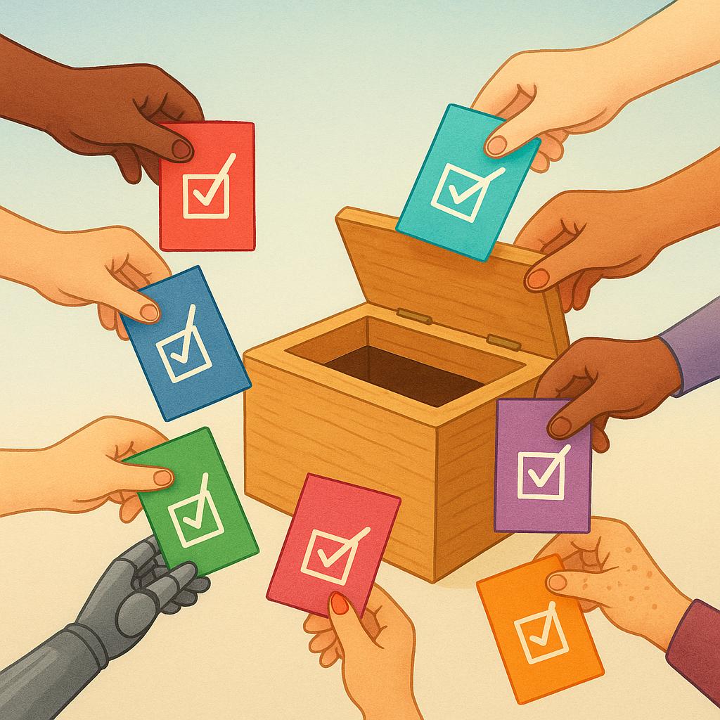 A colorful illustration showing many diverse hands simultaneously dropping different colored voting ballots into a stylized wooden ballot box, symbolizing collective choice and democracy.