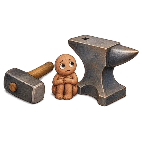 A small worried clay figure positioned safely between a blacksmith’s resting hammer and an anvil, neither moving