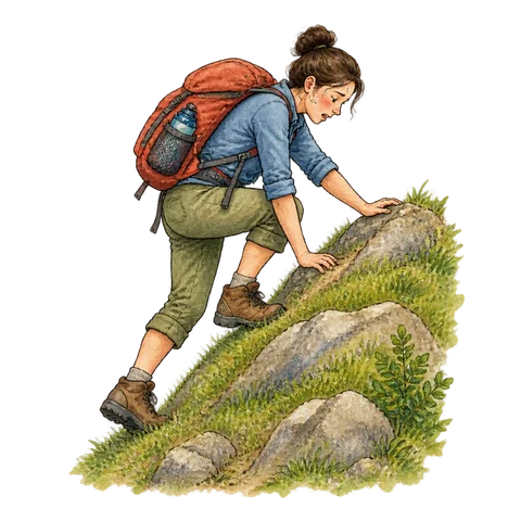 A tired climber carefully taking the last step up a steep small hill with visible effort