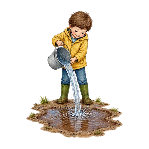 A person making a muddy puddle deeper by pouring in more water