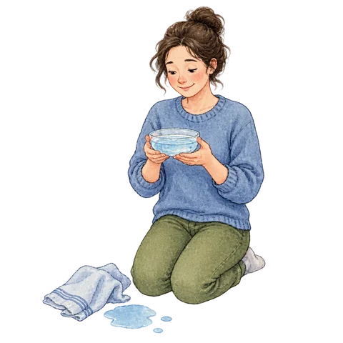 A calm person keeping a small clear bowl of water level while regaining their dignity after a mishap
