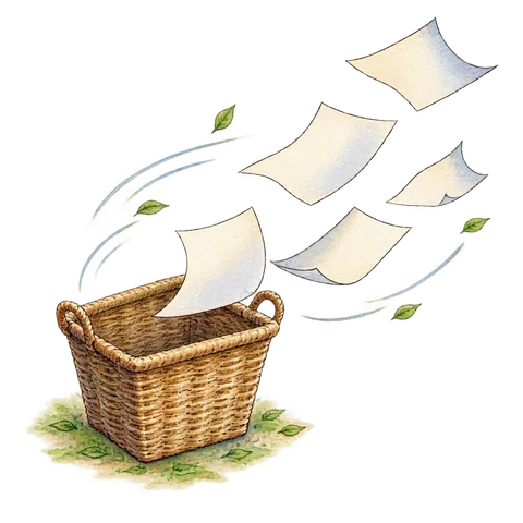 A gust of wind carrying blank loose papers away from an empty work basket, effort dispersing