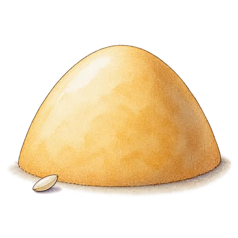 A single tiny grain beside an absurdly oversized smooth dome-shaped mound, exaggeration shown through scale