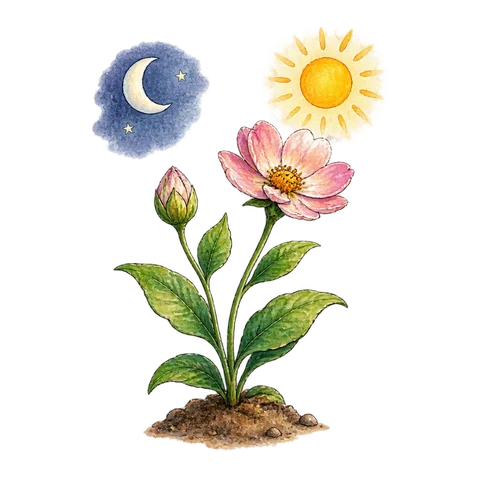 A small plant transformed from a bud beneath a moon to an open flower beneath a morning sun