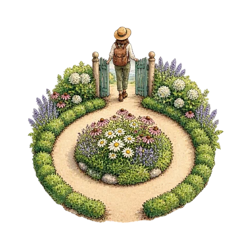 A traveler arriving at the end of a circular garden path, a small open gate marking completion