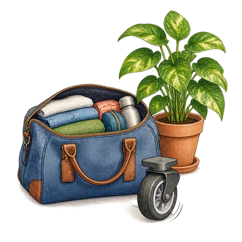 A neatly packed travel bag, an upright healthy plant and a smoothly turning small wheel, everything working well