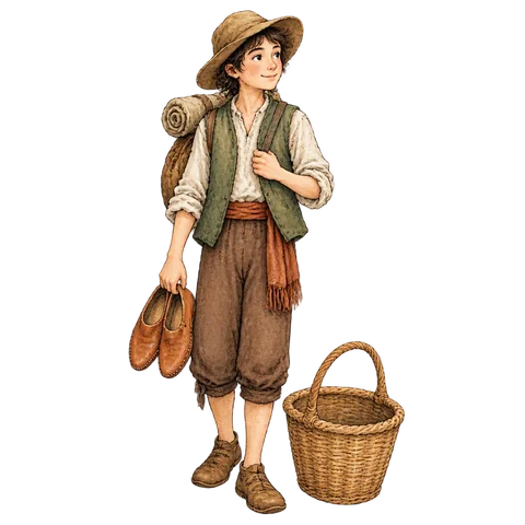 An empty-handed traveler holding only two traditional soft leather slippers, no goods in the empty basket beside them