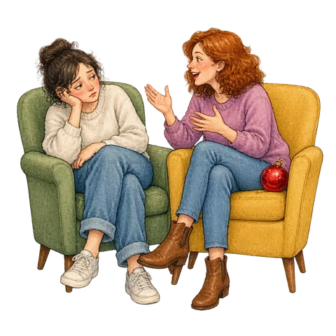 A weary listener slumping beside a relentlessly talking companion, a small heavy red glass ornament resting on the speaker’s chair