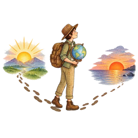 A traveler with a small globe, footprints curving from a rising sun on one side to a setting sun on the other
