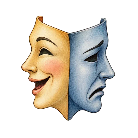 One theatrical mask with two different faces turned in opposite directions, suggesting insincerity