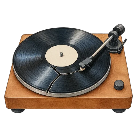 A cracked vinyl record on a simple turntable with its needle stuck in one groove, no label or lettering