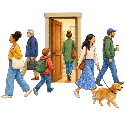 A lively mixed group of passersby moving in different directions around an open doorway, any and every person