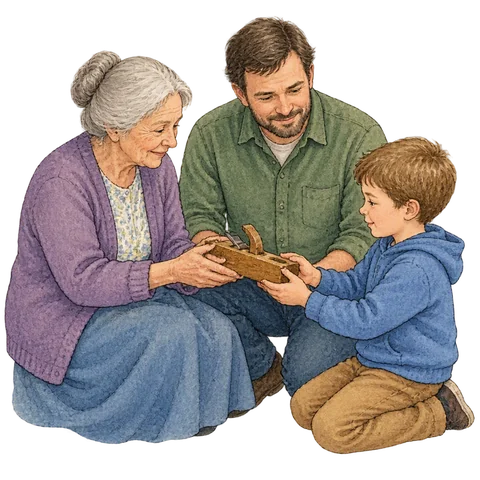 Three generations of a family passing the same small handmade wooden tool from oldest to youngest