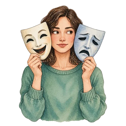 A person holding two contrasting theater masks, one before each side of their face, a divided public appearance