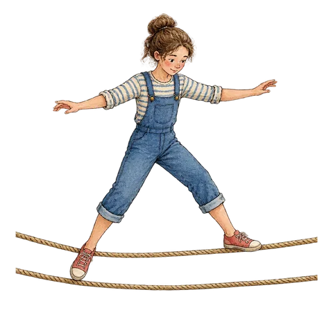 A careful acrobat balancing between two parallel ropes, trying to keep a foot on both