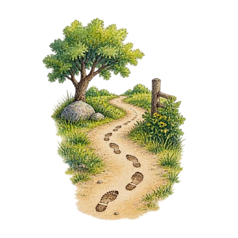 Footprints turning back beside a small path