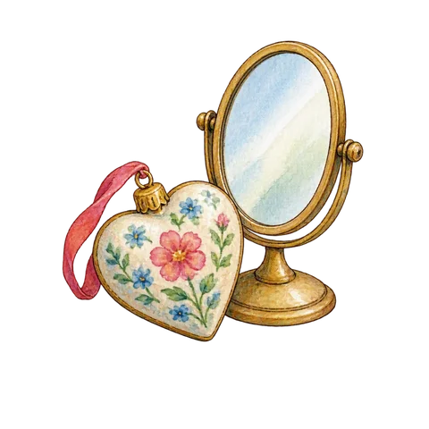 A heart-shaped ornament beside a small mirror