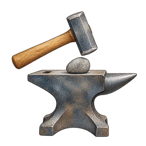 A hammer and an anvil with a small stone between them