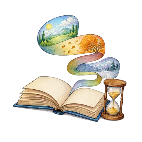 An open book beside a curling speech ribbon and an hourglass.
