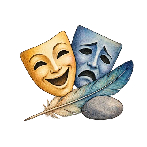 Two theatrical masks beside a feather and a stone