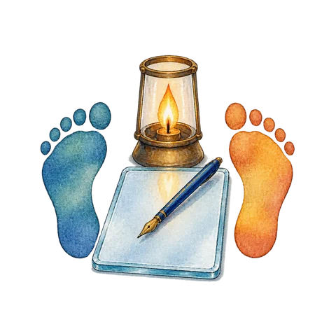 A balanced pair of footprints beside a clear writing tablet and a small protected flame, representing equality, clarity, and conflict
