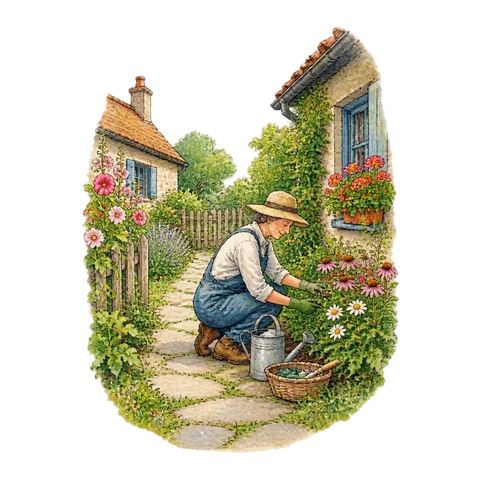 A small path between houses and a patient gardener