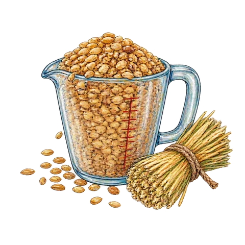 An overflowing measuring cup beside a small straw bundle