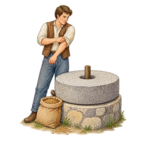A person rolling up their sleeves beside a millstone